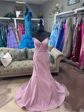 Rachel Allan Blush Pink Off-the-Shoulder Mermaid Prom Dress